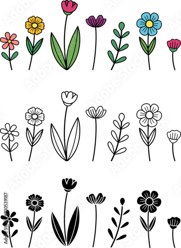 Doodle Wildflower Illustration Clipart - Isolated Line Drawings with Silhouette and Color