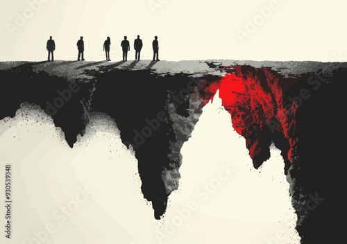 Business Team Seeking Investment Opportunities Over Abyss, Conceptual Illustration Highlighting Risk and Potential, Vector Art Showing People On Edge of Cliff with Red Highlight, Minimalist Design