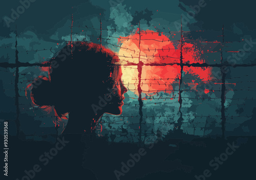 Breaking Through the Mental Barriers: Abstract Silhouette of Woman Against Barbed Wire Fence and Red Sun, Conceptual Illustration of Freedom and Innovative Thinking