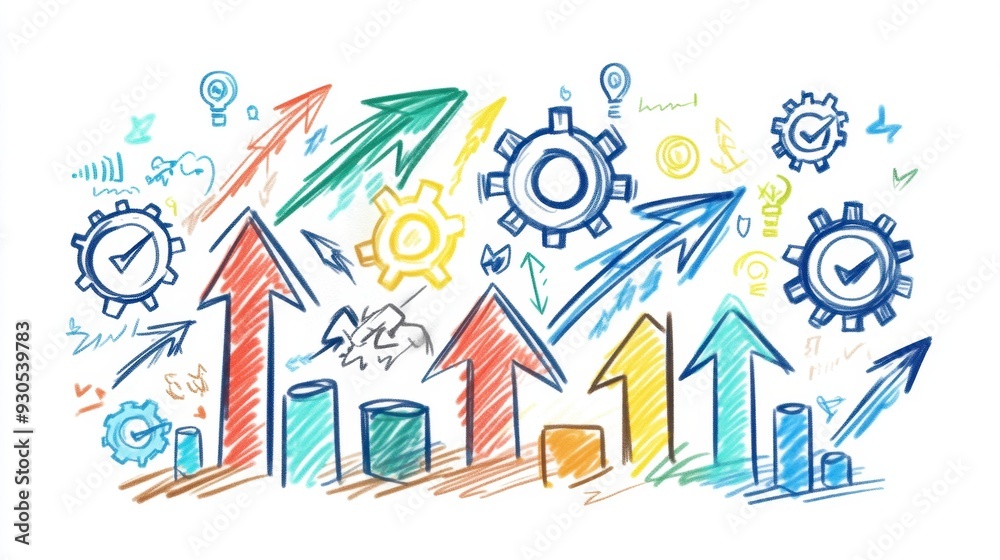 Strategic business process improvement sketched in a colorful, playful style, featuring arrows, gears, and icons representing efficiency and growth. Strategic business process improvement sketched in a colorful, playful style, featuring arrows, gears, and icons representing efficiency and growth.