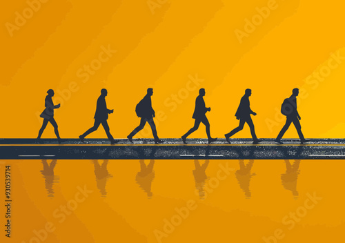 Business Team Running Towards a Goal on Yellow Path Concept Illustration, Vector Art Depicting Determined Workers and Career Ambition, Minimalistic Style