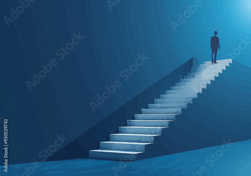 Businessman Watching Career Steps as Growth Path with Arrow-Staircase Symbolizing Business Success and Achievement at Dawn Minimalistic Vector Illustration