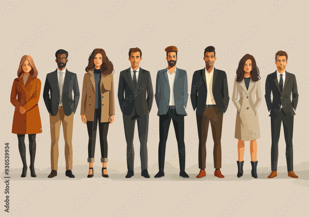 Obraz premium Diverse Business Team Standing Together in Formal Attire Minimalistic Vector Illustration