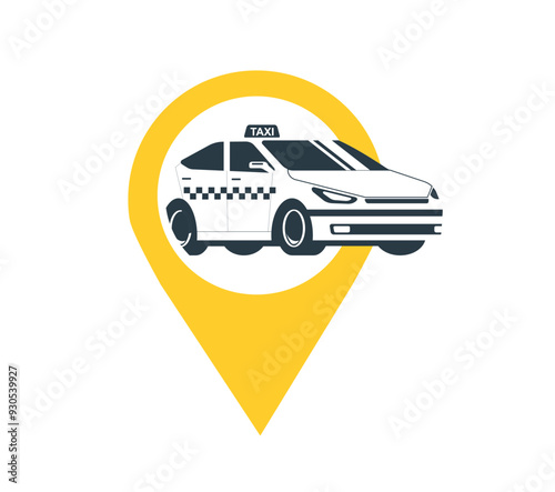 Concept illustration of a logo with a taxi. Taxi car inside navigation sign. Vector illustration.