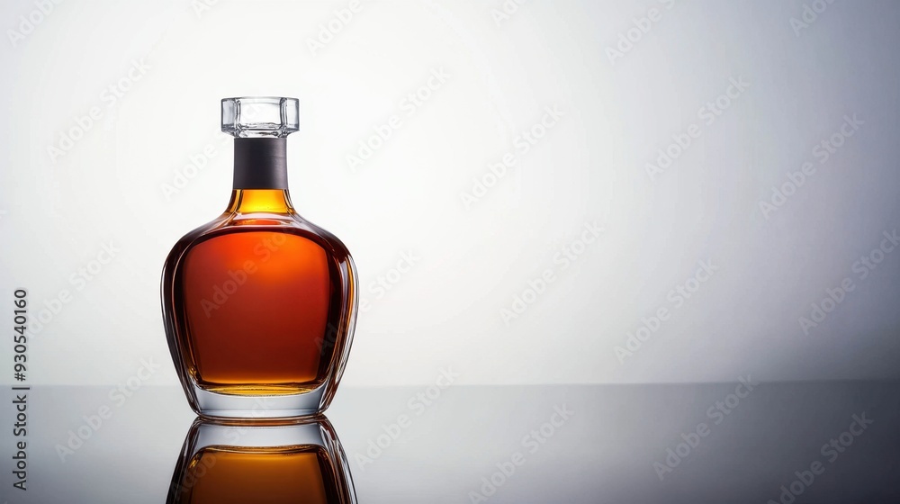 Rich amber-colored cognac bottle standing alone on a clean reflective surface, evoking a sense of luxury and refinement.