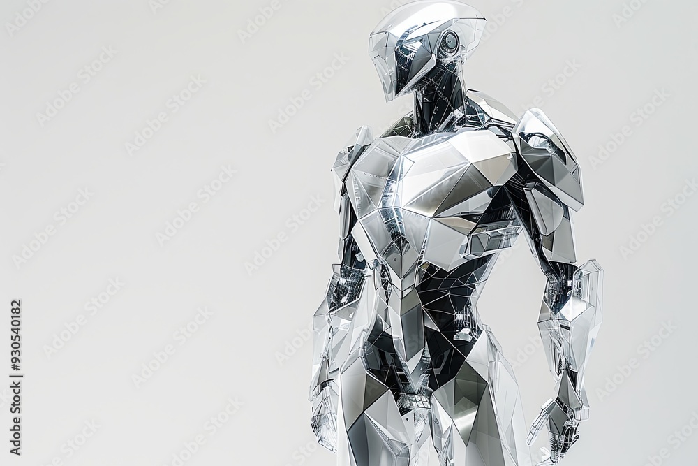 A transparent, crystal-like robot in 3D, standing against a white background. The robot's sharp angles catch and reflect light beautifully.