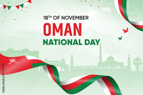 Oman Flag Waving On Skyline Background. National Day Concept Design Vector Illustration.