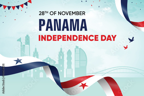 Panama Flag Waving On Skyline Background. Independence Day Concept Design Vector Illustration.