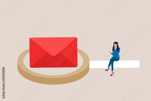 Business woman with magnifying glass scan email. concept of data protection, safety and cyber security