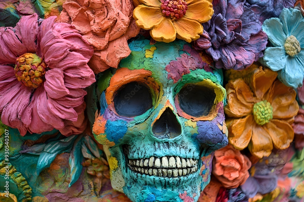 Vibrant Day of the Dead Skull with Floral Adornment