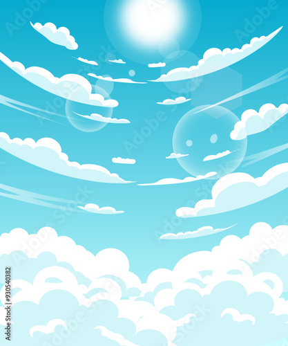 Anime Sky with Shining Sun Wide Angle Vector Illustration