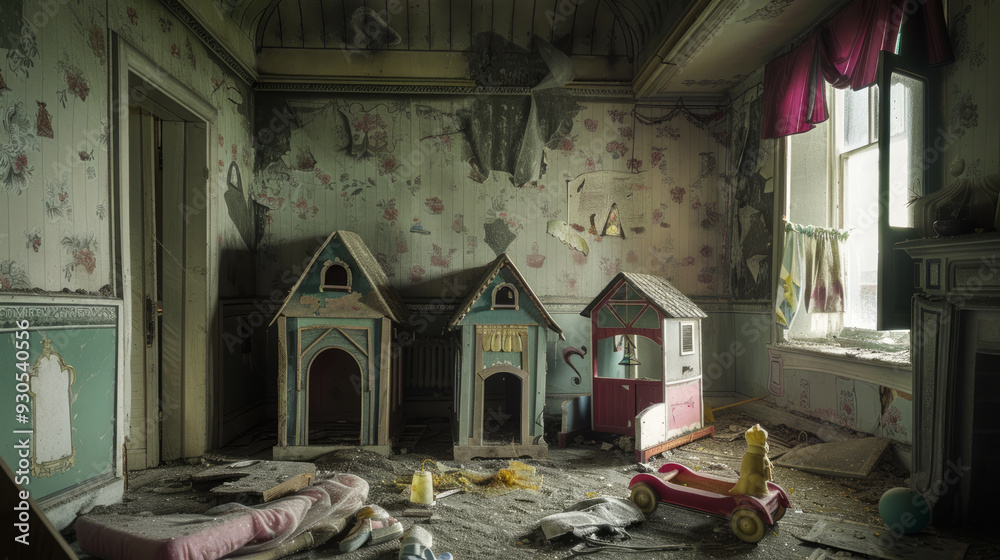 Obraz premium Eerie Abandoned Children's Playroom with Toys and Dollhouse in a Vintage Room. Concept of Abandonment, Nostalgia, Childhood Memories, Urban Exploration, Halloween