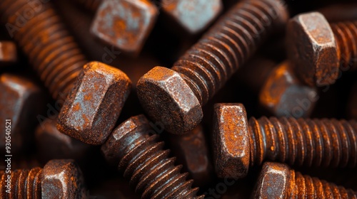 Close-up shot of rusty bolts and nuts, exhibiting the effects of corrosion and wear, displaying an aged look indicative of long-term exposure to the elements. photo