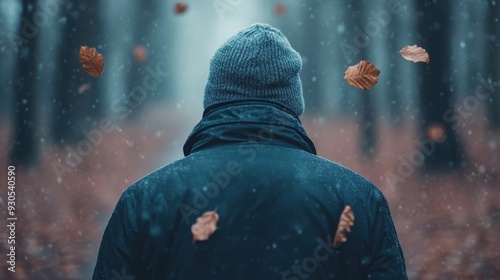 A person in winter attire stands with their back to the camera in a forest while leaves fall around them, creating a serene and contemplative autumn scene. photo