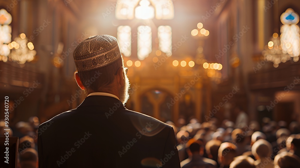 A man in a suit addresses a congregation in a grand hall filled with people. A man in a suit addresses a congregation in a grand hall filled with people.