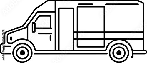 A white van with a black stripe on the side, ambulance