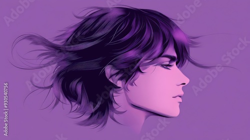 Stylized illustration of man with flowing purple hair on solid background