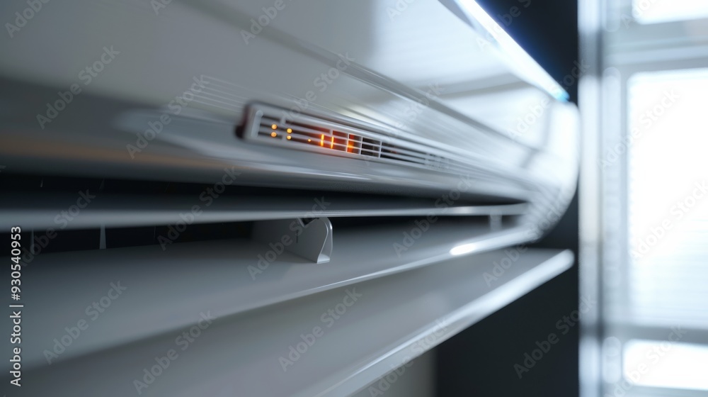 High-tech heating and air conditioning inverter with visible air vents and power indicator High-tech heating and air conditioning inverter with visible air vents and power indicator