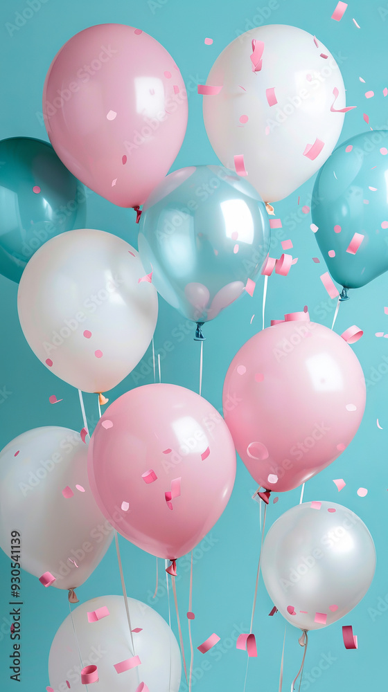 Pastel Blue and Pink Balloons Clustered Together with Ribbons. Concept of Party Decoration, Celebration, Festive Atmosphere, Joy. Vertical Pastel Blue and Pink Balloons Clustered Together with Ribbons. Concept of Party Decoration, Celebration, Festive Atmosphere, Joy. Vertical