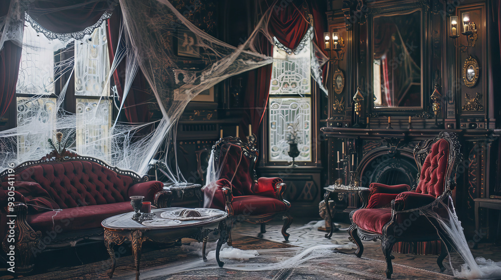 Naklejka premium Spooky Victorian Style Living Room with Cobwebs and Dark Antique Furniture. Concept of Haunted House, Historical Interior, Gothic Decor, Eerie Atmosphere, Halloween