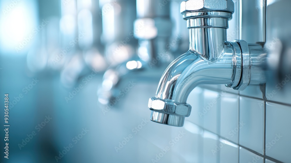 A close-up of a polished chrome faucet mounted on a white tiled wall, with its reflective surface shining brightly and other out-of-focus faucets in the background. A close-up of a polished chrome faucet mounted on a white tiled wall, with its reflective surface shining brightly and other out-of-focus faucets in the background.
