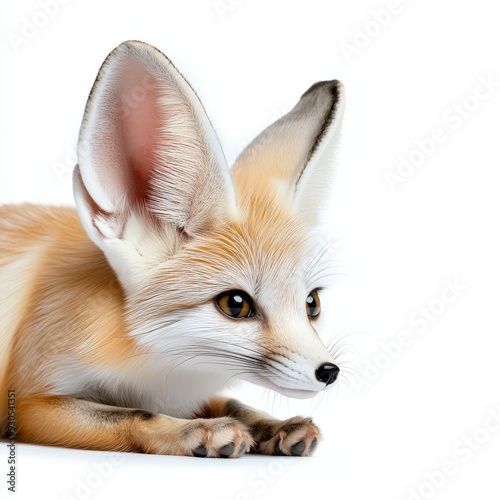 A cute fennec fox with large ears, lying gracefully. Its soft fur and curious eyes create an adorable and captivating image.