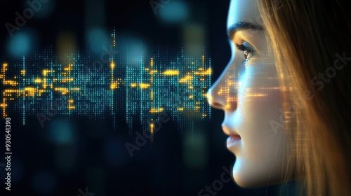 Futuristic digital artwork of woman face with glowing data lines