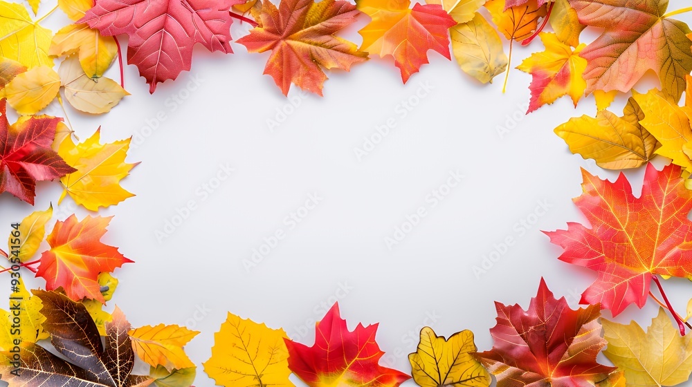 A colorful arrangement of autumn leaves framing a blank space for text or design. A colorful arrangement of autumn leaves framing a blank space for text or design.