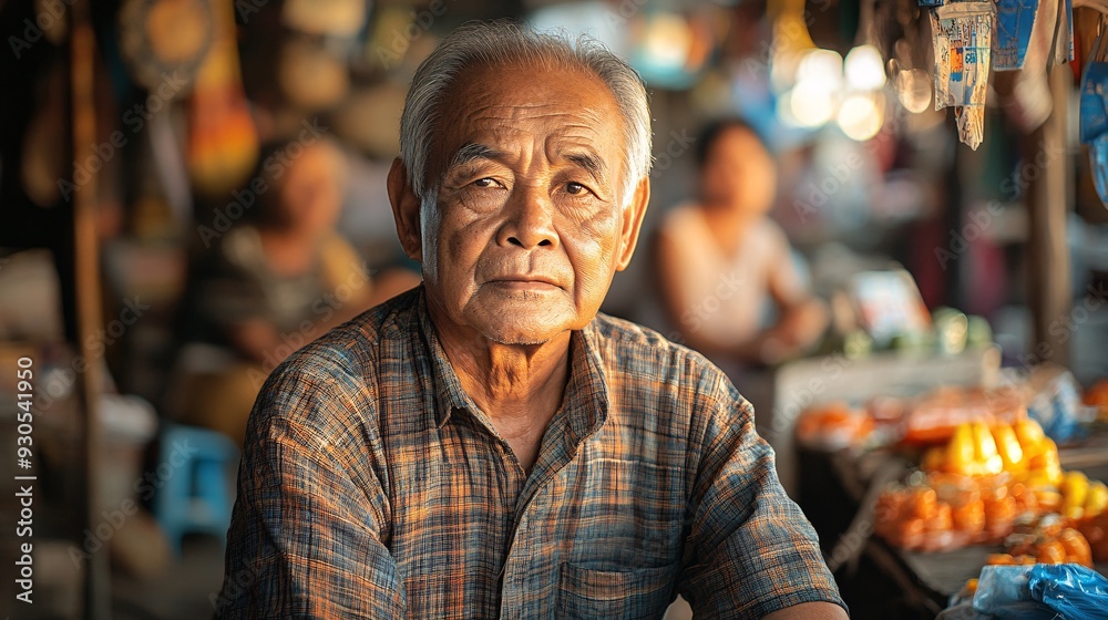 Elderly Man Reflecting on Life Amidst Group Gathering, Capturing Wisdom and Contemplation. Emotional Portrait of Asian Senior with Others in Background, Illustrating Tradition and Community Values. Elderly Man Reflecting on Life Amidst Group Gathering, Capturing Wisdom and Contemplation. Emotional Portrait of Asian Senior with Others in Background, Illustrating Tradition and Community Values.