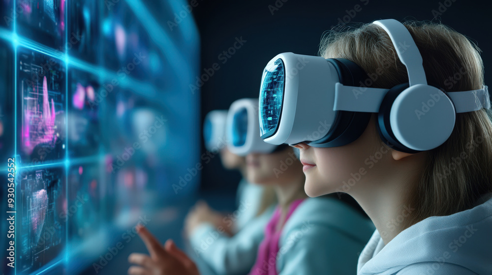 A group of young individuals immersed in a virtual reality experience, exploring interactive digital environments and technology. A group of young individuals immersed in a virtual reality experience, exploring interactive digital environments and technology.