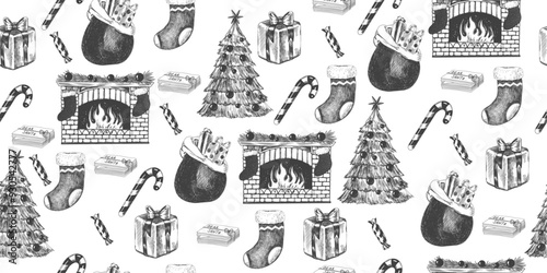Christmas seamless pattern. Background with fireplace, Christmas tree, socks, candy cane, gift box, Santas bag. Christmas decoration and interior elements in sketch style