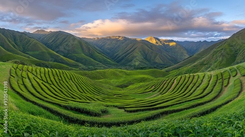 Golden sunlight casts a warm glow over lush green tea plantations nestled in the mountains, creating a breathtaking sunset landscape