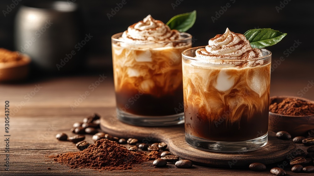 Two glasses of refreshing iced coffee topped with whipped cream and garnished with mint leaves, placed on a wooden table with coffee beans and powder around. Two glasses of refreshing iced coffee topped with whipped cream and garnished with mint leaves, placed on a wooden table with coffee beans and powder around.