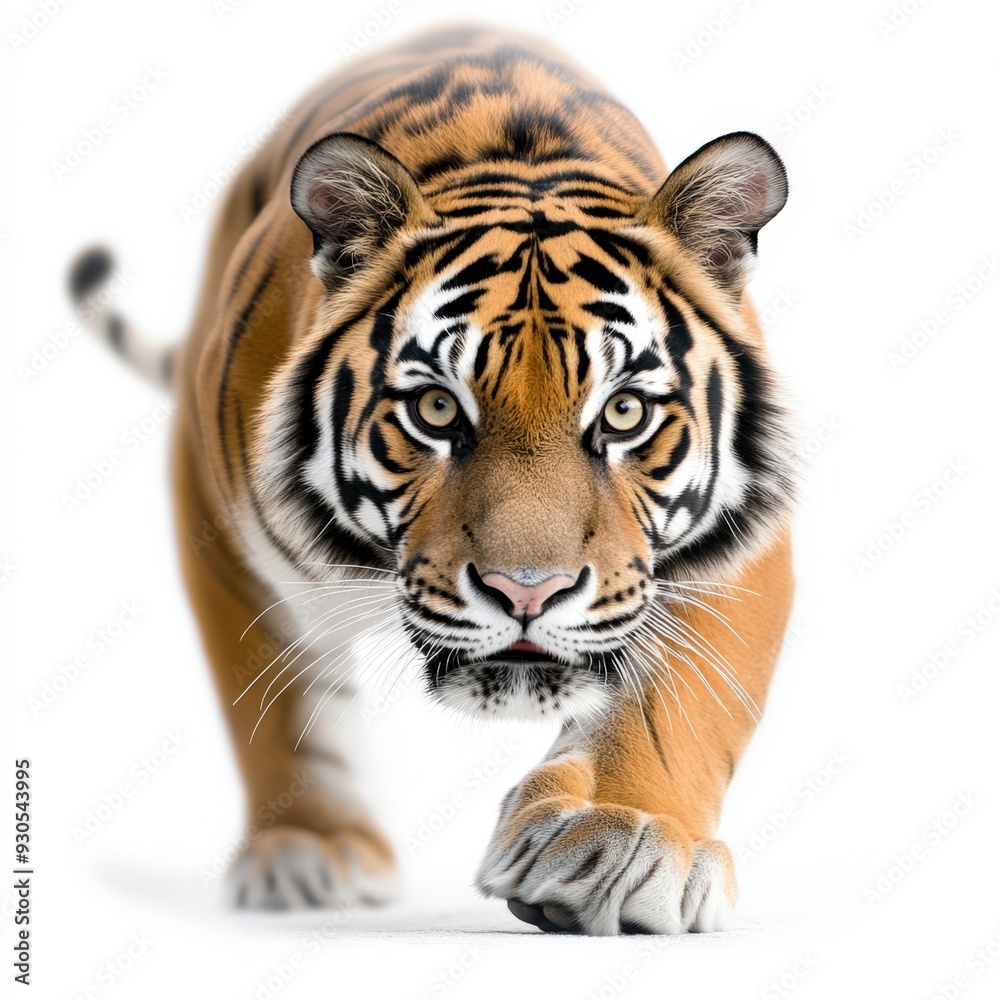 Obraz premium A majestic tiger walking gracefully, showcasing its powerful physique and striking orange and black fur against a white backdrop.