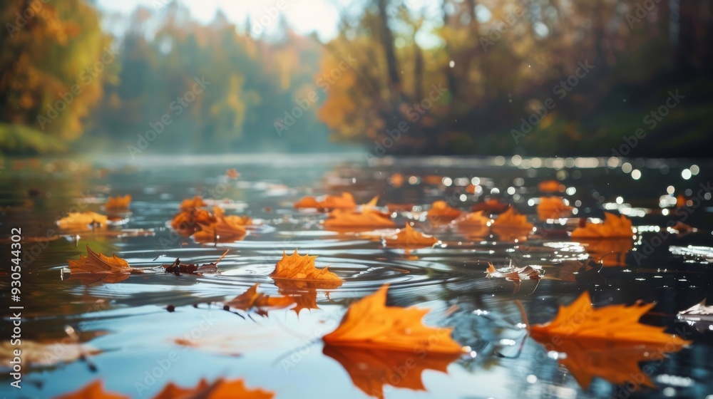 Orange leaves floating on a peaceful river with crisp autumn air Orange leaves floating on a peaceful river with crisp autumn air