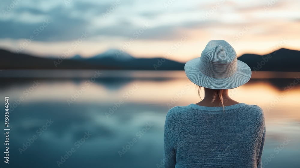 Woman sitting by a lake wearing a hat, enjoying the serene evening view with mountains in the background and a beautiful sunset reflecting off the calm water. Woman sitting by a lake wearing a hat, enjoying the serene evening view with mountains in the background and a beautiful sunset reflecting off the calm water.