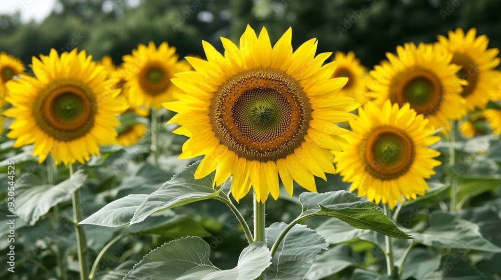 A vibrant field of sunflowers in full bloom under a clear sky. A vibrant field of sunflowers in full bloom under a clear sky.