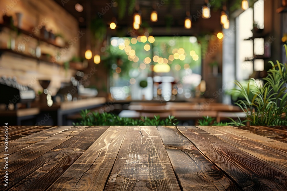 A wooden table with a view of a restaurant A wooden table with a view of a restaurant