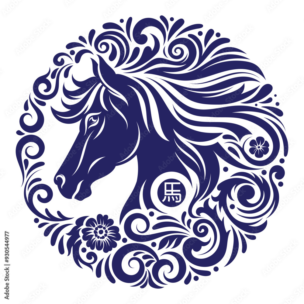 Fototapeta premium Chinese New Year 2025, horse zodiac sign with decorative floral frame. Translation : Horse