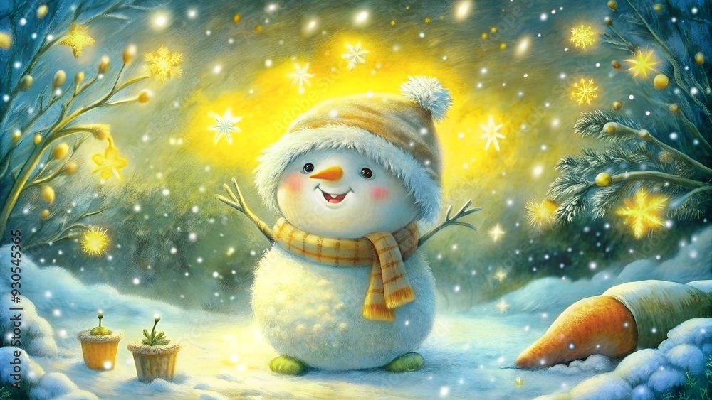 Toy snowman with stick arms against a golden night snowfall backdrop Toy snowman with stick arms against a golden night snowfall backdrop