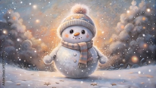 Toy snowman with fluffy ball arms and potato nose against a night snowfall backdrop photo