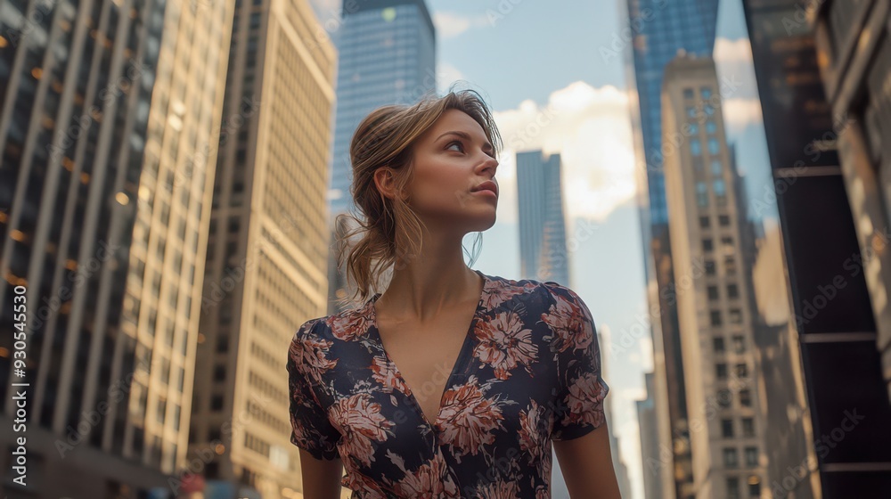 Young woman in a stylish dress walking through an urban setting, with skyscrapers and bustling streets in the background. Young woman in a stylish dress walking through an urban setting, with skyscrapers and bustling streets in the background.