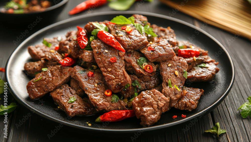 Delicious beef with chili sauce on wooden table