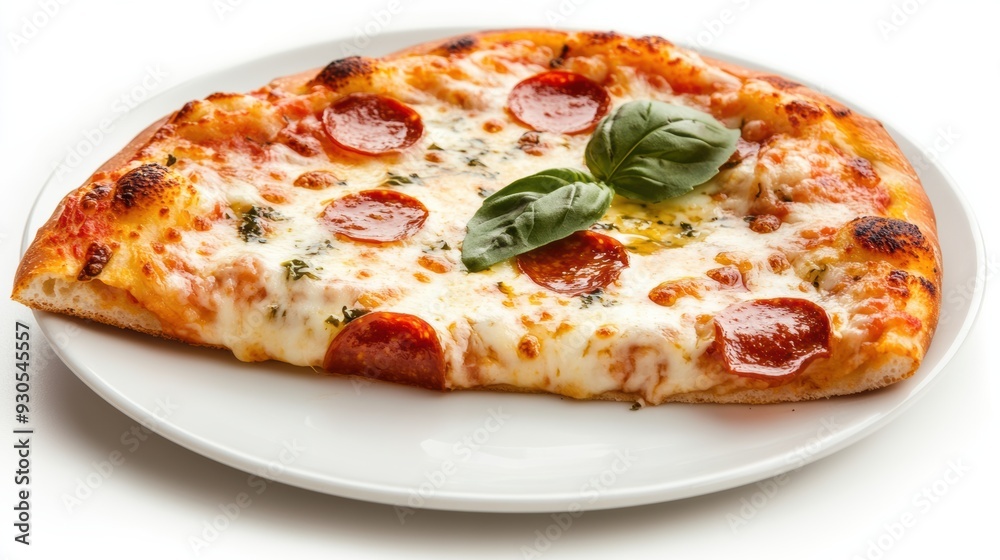 A small piece of pizza on a plate with some basil, AI A small piece of pizza on a plate with some basil, AI