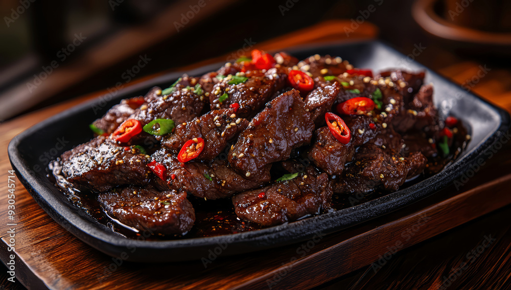 Delicious beef with chili sauce on wooden table