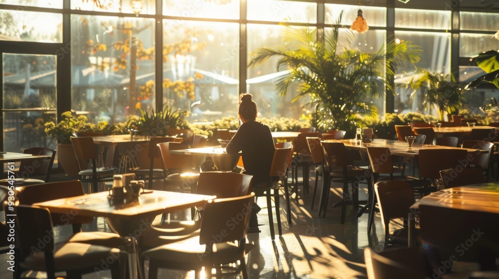 Person Enjoys Lunch Alone In A Sunlit Restaurant Person Enjoys Lunch Alone In A Sunlit Restaurant