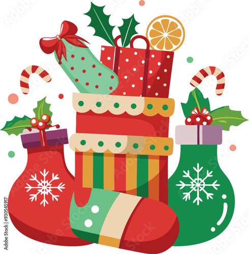 Christmas stockings with Gifts Festive Digital Art Illustration 
