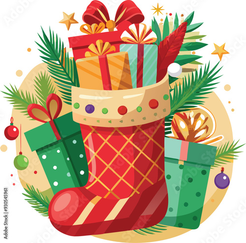 Christmas stockings with Gifts Festive Digital Art Illustration 
