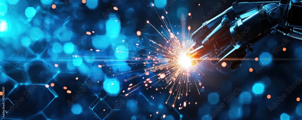 Obraz premium A futuristic robotic hand igniting a spark in a digital landscape, symbolizing innovation and technology advancement.