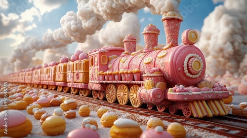 Surreal cake train, made entirely of sweets, 3D illustration photo